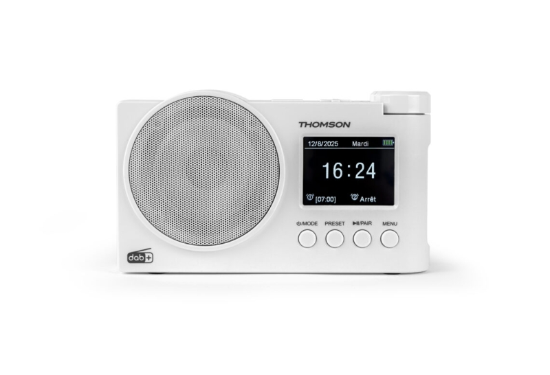 Thomson Radio FM DAB+ con Altavoz Bluetooth - 30 Memorias DAB+ y 30 Memorias FM - Actualizacion Automatica de Emisoras - Pantalla LED Retroilumiada - Color Blanco