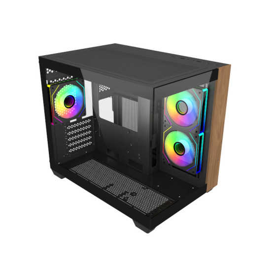 Cooler Master Elite 481 Wood Caja Minitorre - 3 Ventiladores 120mm RGB - Vista Panoramica - Soporte MicroATX/Mini-ITX - Doble Camara - Audio - 2xUSB-A - 1xUSB-C - 420x285x370mm - Color Negro