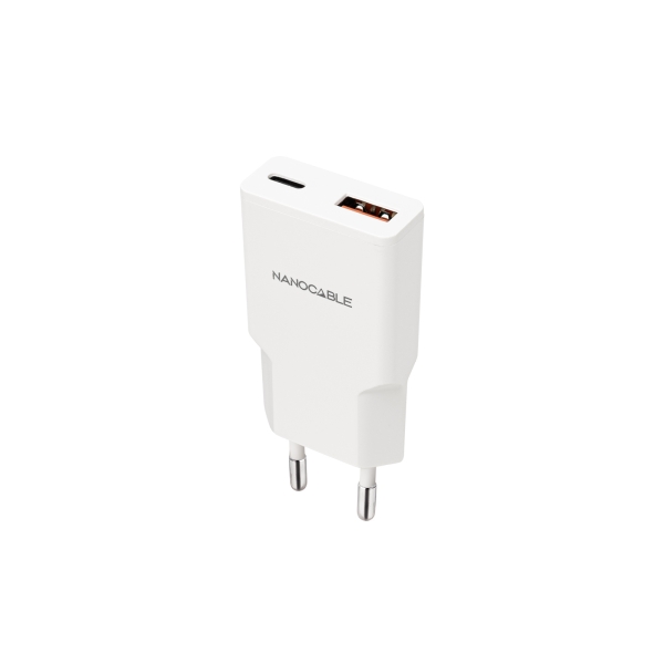 Nanocable Cargador de Pared USB-C/PD + USB-A/QC 20W - Color Blanco