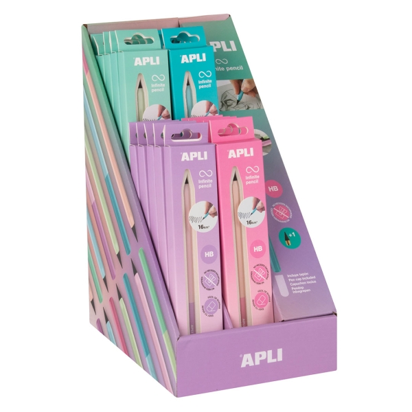 Apli Infinite Pencil Nordik Expositor con 20 Packs de Lapiz Infinito HB + Mina de Recambio + Tapon Protector - Para Escribir hasta 16km - Colores Surtidos