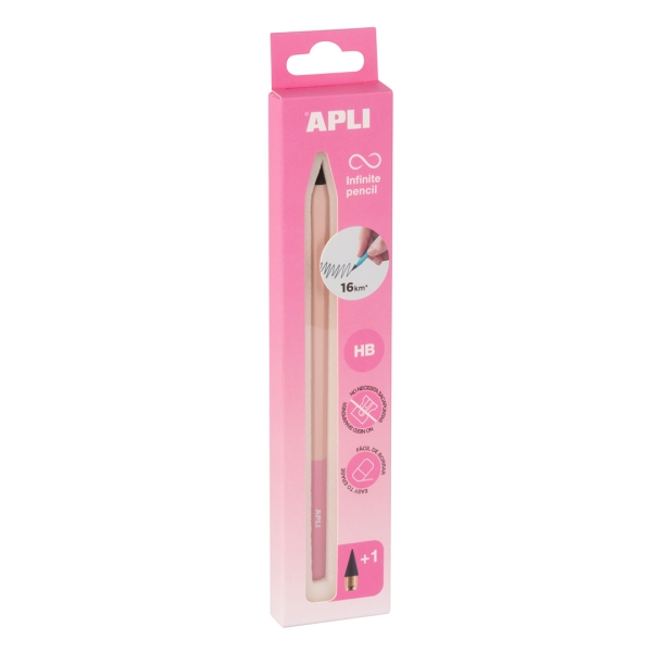 Apli Infinite Pencil Nordik Pack de Lapiz Infinito HB + Mina de Recambio + Tapon Protector - Para Escribir hasta 16km - Color Rosa