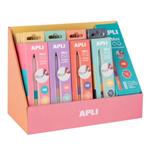Apli Mini Infinite Pencil Expositor con 20 Packs de Mini Lapices Infinitos HB + Mina de Recambio + Tapon Protector - Para Escribir hasta 16km - Colores Surtidos Tricolor