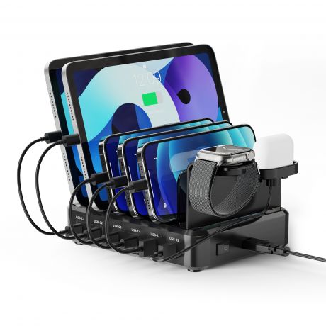 Ewent EW1335 Estacion de Carga - 2x USB-A y 4x USB-C - 130W PD3.0 - 7 Divisores Extraibles - Proteccion contra sobrecarga, sobretension, sobrecorriente y cortocircuito - Color Negro