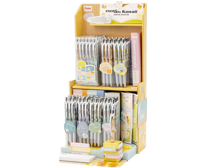 Pentel Energel Kawaii Expositor con 72 Boligrafos de Tinta Gel Retractiles 0.5mm - Trazo 0.25mm - Recargable - Grip de Agarre - 54% Plastico Reciclado - Tinta Color Azul