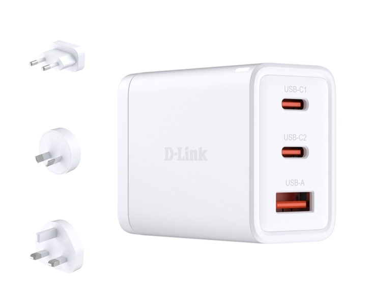 D-Link Cargador de Pared GaN de 65W - 2 USB-C y 1 USB-A - Conectores Intercambiables - Color Blanco