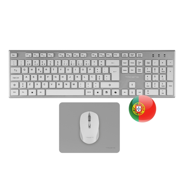 Tacens Zenith Combo Pack Inalabrico de Teclado Completo + Raton y Alfombrilla - Disposicion Portuguesa QWERTY PT - Teclas Silenciosas de Perfil Bajo - Sensor de 3200dpi - Conexion Dual Link 2.4GHz - Switches HUANO - Color Blanco
