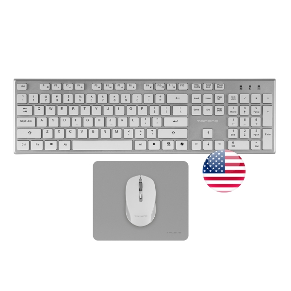 Tacens Zenith Combo Pack Inalabrico de Teclado Completo + Raton y Alfombrilla - Disposicion Internacional QWERTY US - Teclas Silenciosas de Perfil Bajo - Sensor de 3200dpi - Conexion Dual Link 2.4GHz - Switches HUANO - Color Blanco