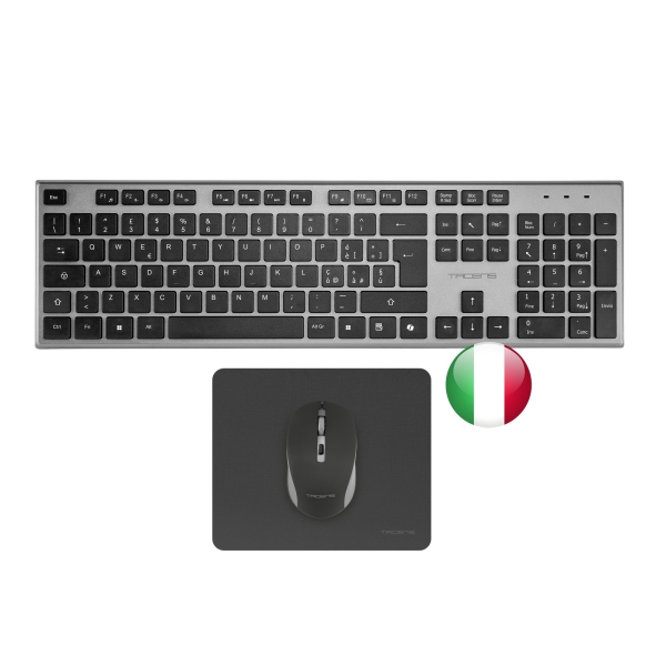 Tacens Zenith Combo Pack Inalabrico de Teclado Completo + Raton y Alfombrilla - Disposicion Italiana QWERTY IT - Teclas Silenciosas de Perfil Bajo - Sensor de 3200dpi - Conexion Dual Link 2.4GHz - Switches HUANO - Color Negro