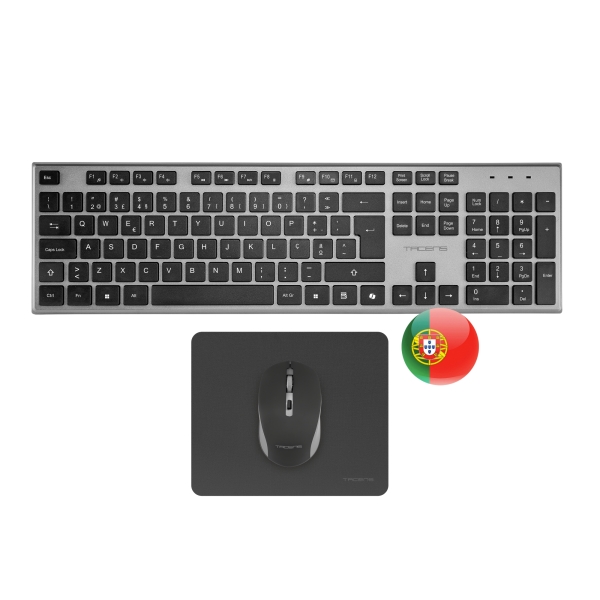 Tacens Zenith Combo Pack Inalabrico de Teclado Completo + Raton y Alfombrilla - Disposicion Portuguesa QWERTY PT - Teclas Silenciosas de Perfil Bajo - Sensor de 3200dpi - Conexion Dual Link 2.4GHz - Switches HUANO - Color Negro