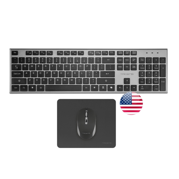 Tacens Zenith Combo Pack Inalabrico de Teclado Completo + Raton y Alfombrilla - Disposicion Internacional QWERTY US - Teclas Silenciosas de Perfil Bajo - Sensor de 3200dpi - Conexion Dual Link 2.4GHz - Switches HUANO - Color Negro