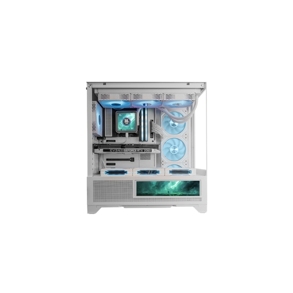Mars Gaming MC-LCDX Caja Torre ATX - Pantalla IPS de 9.6” Personalizable - Cristal Templado Curvo Continuo - Panel Inferior de Malla Completa - 7 Ranuras de Expansion - 443x475x246mm - Color Blanco