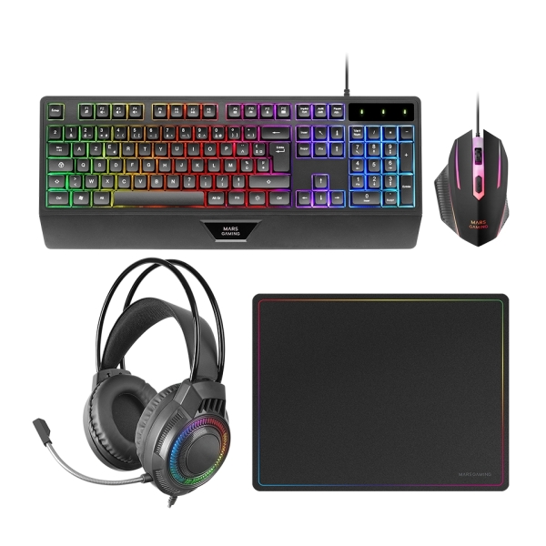 Mars Gaming MCP124PRO Combo Pack Gaming 4en1 - Teclado Hibrido H-Mech - Disposicion QWERTY ES - Raton 3200dpi - Alfombrilla Nanotextil - Color Negro