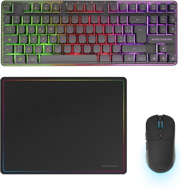 Mars Gaming MCPWTKL Combo Pack Gaming 3en1 - Teclado Hibrido H-Mech Formato TKL - Disposicion Francesa AZERTY FR - Raton 3200dpi - Switches HUANO - Color Negro