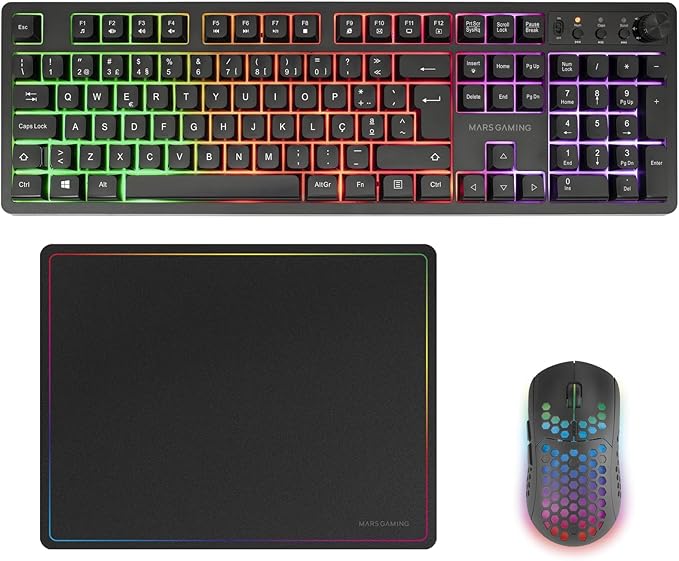 Mars Gaming MCPWX Combo Pack Gaming 3en1 - Teclado Hibrido H-Mech - Disposicion Portuguesa QWERTY PT - Raton 3200dpi - Switches HUANO - Color Negro