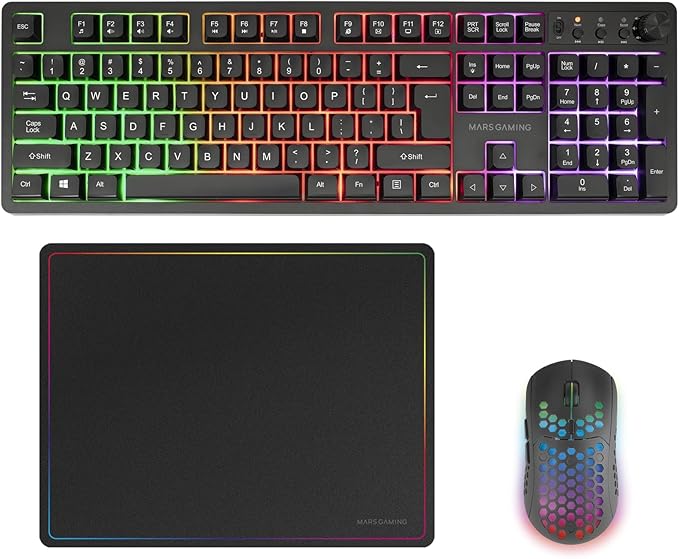 Mars Gaming MCPWX Combo Pack Gaming 3en1 - Teclado Hibrido H-Mech - Disposicion Internacional QWERTY US - Raton 3200dpi - Switches HUANO - Color Negro