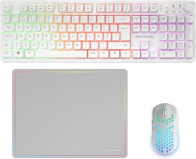 Mars Gaming MCPWX Combo Pack Gaming 3en1 - Teclado Hibrido H-Mech - Disposicion Portuguesa QWERTY PT - Raton 3200dpi - Switches HUANO - Color Blanco