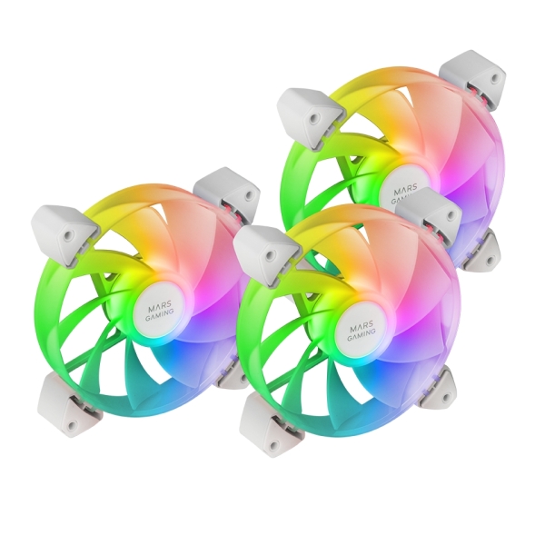 Mars Gaming MF-3AR Pack de 3 Ventiladores de 120mm FDB - Iluminacion ARGB 360º - Aspas Invertidas - Silencioso 14dB - Color Blanco