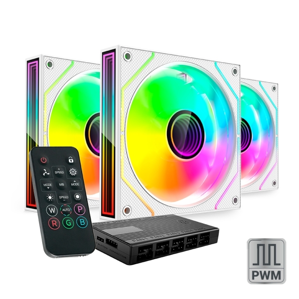 Mars Gaming MF-3DPROKIT Pack de 3 Ventiladores de 120mm - Iluminacion ARGB Infinity Mirror 360º - Silencioso 12dB - Mando a Distancia y Hub ARGB - Color Blanco