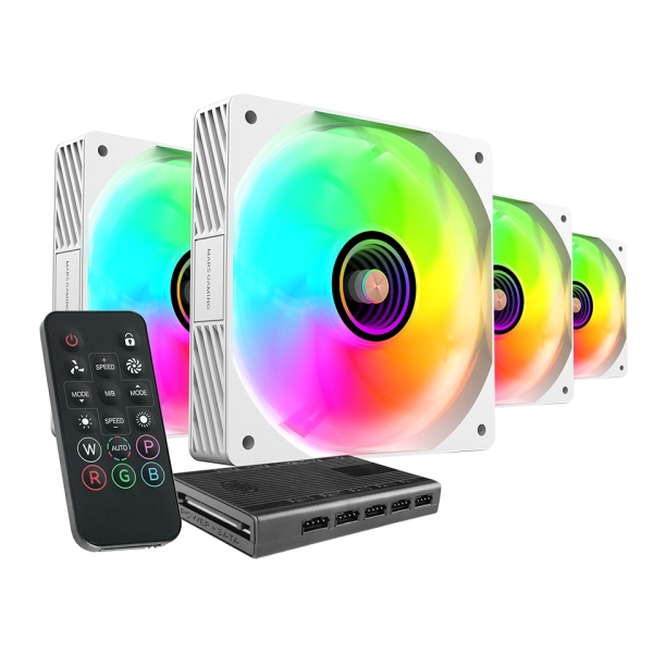 Mars Gaming MF-SI4KIT Pack de 4 Ventiladores de 120mm - Iluminacion ARGB Infinity Mirror - Silencioso 14dB - Mando a Distancia y Hub ARGB - Color Blanco