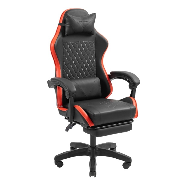 Mars Gaming MGC-X Silla Gaming Ergonomica - Reposapies Extensible - Cojines Lumbar y Cervical - 660x540x1250mm - Acabado en Cuero PU - Color Negro y Rojo