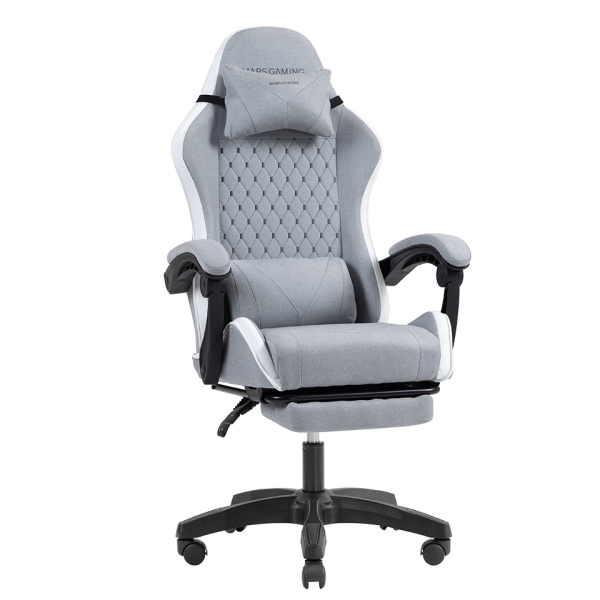 Mars Gaming MGC-X FABRIC Silla Gaming Ergonomica - Reposapies Extensible - Cojines Lumbar y Cervical - 660x540x1250mm - Tejido Transpirable - Color Gris y Blanco
