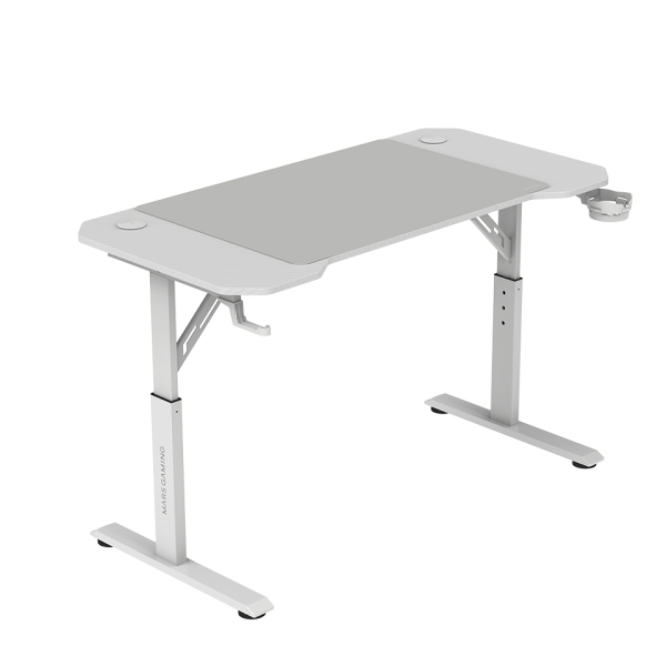 Mars Gaming MGD-ERGO120 Mesa Gaming - Altura Ajustable con 3 Posiciones - Soportes Auriculares y Bebidas - Alfombrilla XXL - Estructura Acero - 120x60x1.5cm - Acabado en Fibra de Carbono - Color Blanco