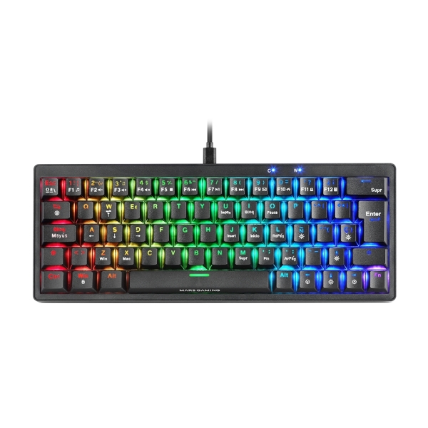Mars Gaming MKMINIPRO Teclado Compacto Hibrido H-Mech - Switch SKN Azul - Disposicion Italiana QWERTY IT - Iluminacion RGB Chroma - 300x114x42mm - Color Negro