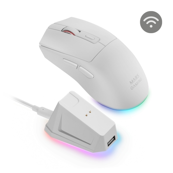 Mars Gaming MM-T3 Raton Inalambrico Ultraligero - 14400dpi - Bluetooth 5.0 - Rf 2.4Ghz - Switches HUANO - Base con Luces RGB - 7 Botones Configurables - 118x64x40mm - Color Blanco
