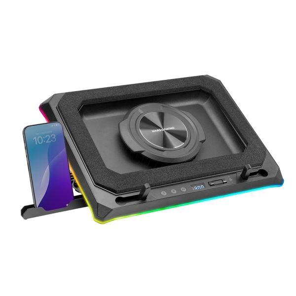 Mars Gaming MNBC-ULTRA Soporte de Sobremesa para Portatiles hasta 18" - Ventilador de 140mm - Iluminacion RGB - Ajustable con 5 Posiciones - Hub con 4xUSB-A - 420x340x55mm - Color Negro