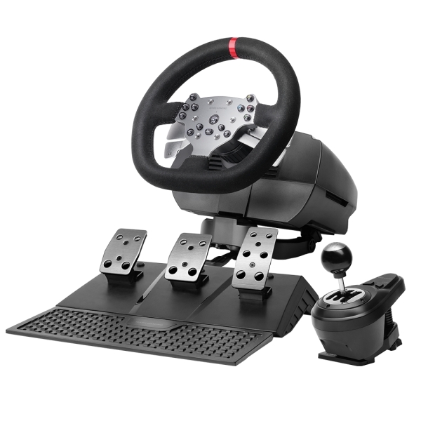 Mars Gaming MWH-RSX Juego de Volante y Pedalera de Carreras - Retroalimentacion de Fuerza 3.2Nm - 3 Pedales con Resistencia Progresiva - Palanca de Cambios Formato H - 14 Botones - 4 Paletas - 272x320x257mm - Color Negro