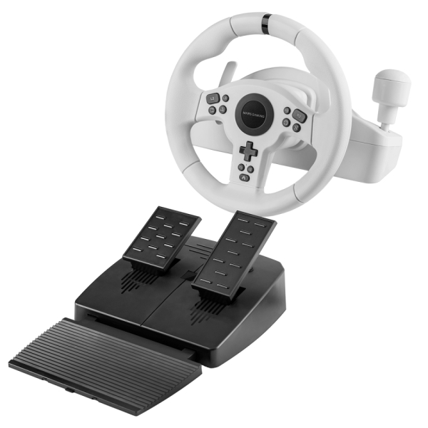 Mars Gaming MWH-RSXONE Juego de Volante 270º y Pedales de Carreras XL - Respuesta Instantanea - Vibracion Inmersiva - Levas y Palanca Secuencial Integrada - 11 Botones - DPad - 260x275x240mm - Color Blanco