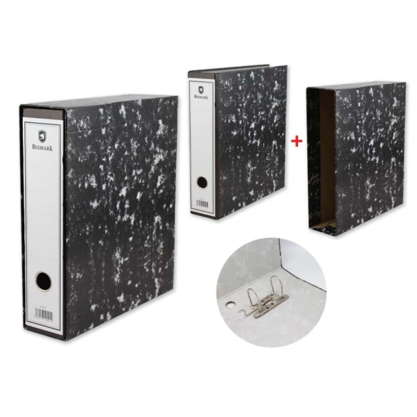 Bismark Archivador A-Z Jaspeado A4 con Funda - Lomo 75mm - Carton Forrado - Tarjetero en el Lomo - Mecanismo de Palanca - Color Negro Jaspeado