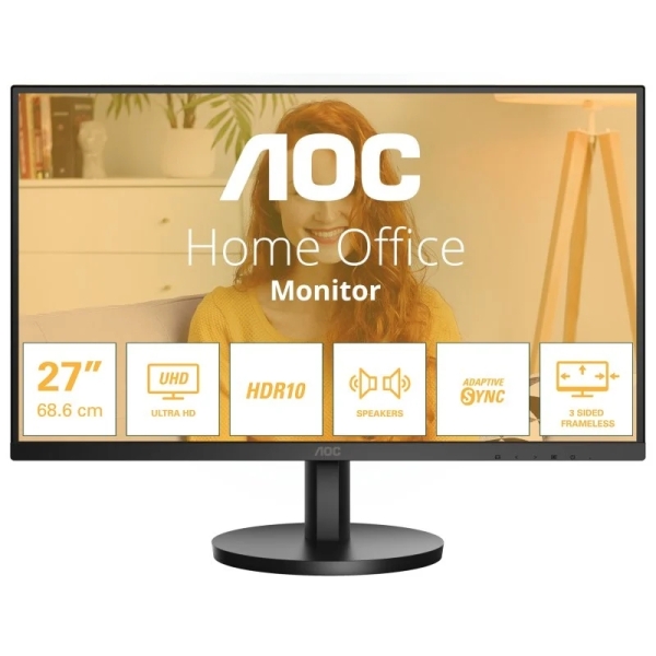 AOC U27B3A Monitor 27" LED IPS UHD 4K 60Hz HDR10 - Respuesta 4ms - HDMI, DisplayPort - Altavoces 4W - VESA 100x100mm - Color Negro