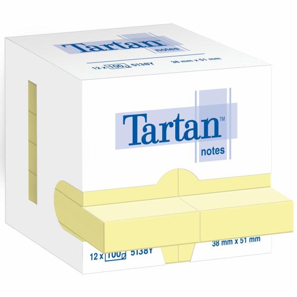 Tartan Pack de 12 Blocs de 100 Notas Adhesivas Reposicionables 51x38mm - 100% PEFC - Color Amarillo Claro