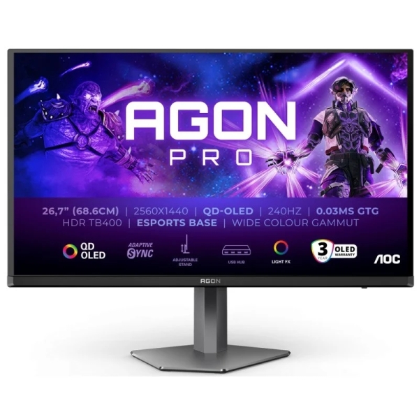 AOC AGON PRO AG276QZD2 Monitor 26.7" QD-OLED QHD 240Hz HDR400 - Respuesta 0.03ms - Altavoces 10W - Ajustable en Altura, Inclinacion y Rotacion - HDMI, DisplayPort, USB - VESA 100x100mm - Color Negro