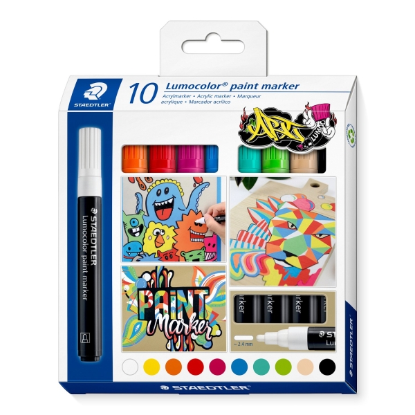 Staedtler Lumocolor 349 Pack con 10 Marcadores Acrilicos Permanentes - Trazo 2.4 mm aprox. - Tinta Base de Agua - Colores Surtidos