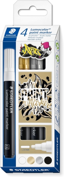 Staedtler Lumocolor 349 Pack con 4 Marcadores Acrilicos Permanentes - Trazo 2.4 mm aprox. - Tinta Base de Agua - Colores Surtidos
