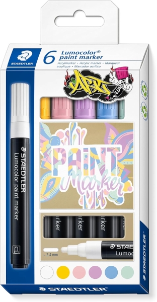Staedtler Lumocolor 349 Pack con 6 Marcadores Acrilicos Permanentes - Trazo 2.4 mm aprox. - Tinta Base de Agua - Colores Pastel Surtidos