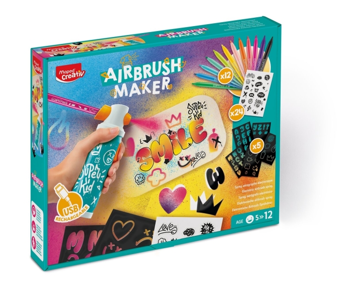 Maped Airbrush Maker Kit de Aerografo para Niños Facil de Usar con Rotuladores Maped Jungle + Pack de Recambios - Para Niños a partir de 5 Años