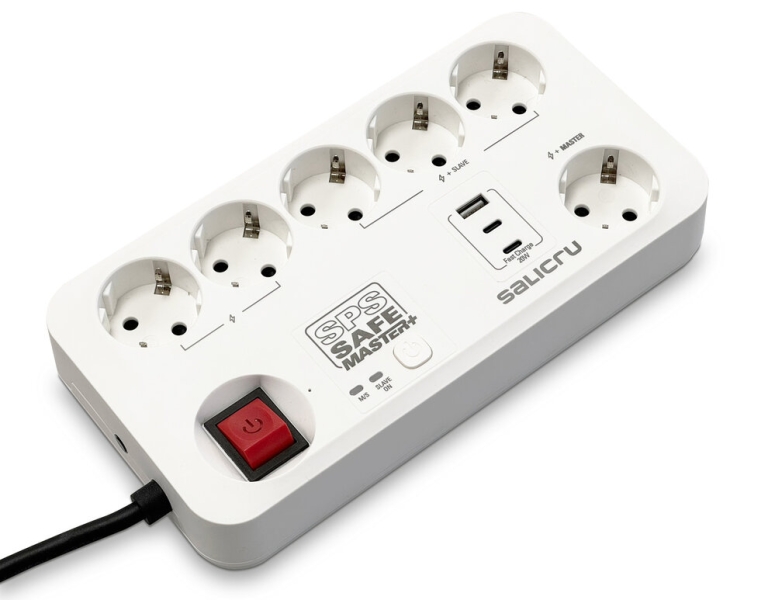 Salicru Regleta SPS SAFE MASTER+ Protectores Electricos Activos de Ultima Generacion - 6 Tomas Schuko - 1xUSB-A, 2xUSB-C - Master/Slave - Color Blanco