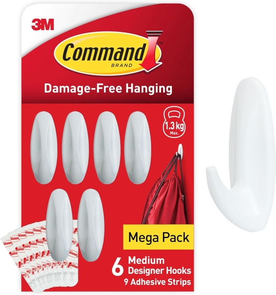 Command Pack de 6 Ganchos de Diseño Medianos - 9 Tiras Adhesivas - Soportan hasta 1.3kg - Color Blanco