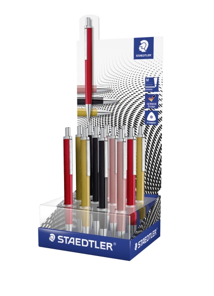 Staedtler Triplus Expositor con 12 Boligrafos Retractiles - Tinta Azul - Ancho de Linea M - Colores Surtidos