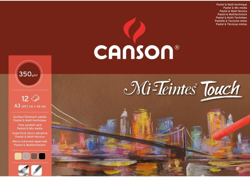Canson Mi-Teintes Touch Bloc con 12 Hojas 350 g/m² - Tamaño 29.7 x 42cm - Superficie Microabrasiva Finamente Texturizada - Certificado FSC - Colores Surtidos