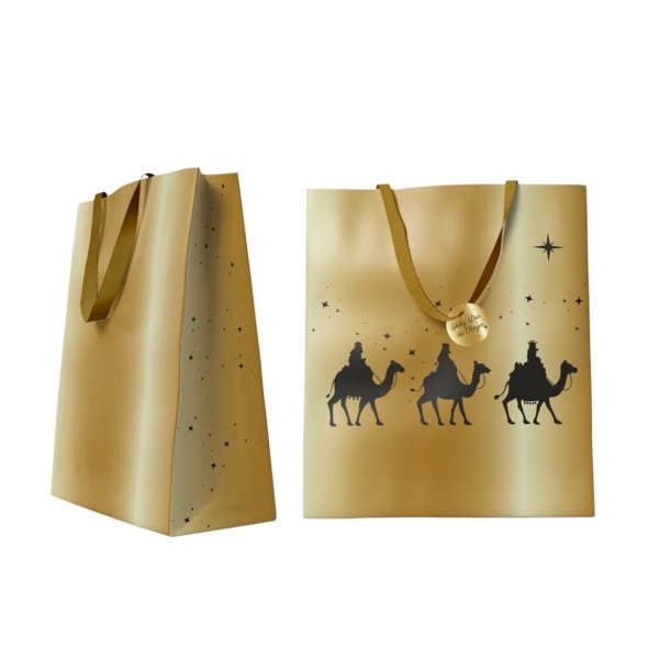 Bismark Bolsa de Papel Reyes Magos - Medidas 27x37x12cm - Tarjeta Colgante - Color Oro