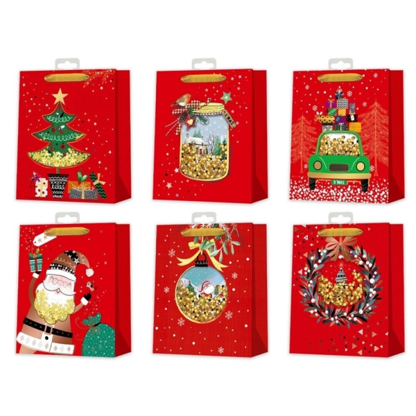 Bismark Bolsa de Papel Navidad Roja - Impresion Foil y Confetti - 6 Diseños Diferentes