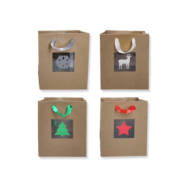 Bismark Bolsa de Papel Kraft Navidad Grande con Ventana - Medidas 23x33x10cm - 4 Diseños Diferentes