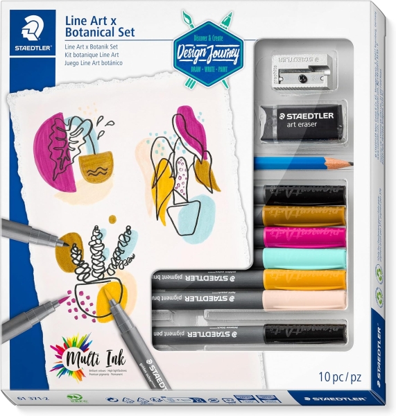 Staedtler Line Art & Botanical Set Design Journey Pack con 6 Rotuladores Pigment Art en Colores Surtidos, Lapiz, Goma de Borrar y Afilalapices