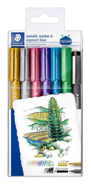 Staedtler Metallic Pen Pack de 6 Rotuladores de Punta Fina Trazo 1 - 2mm + Rotulador Pigment Liner Trazo 0.3 - 2mm - Tinta Base de Agua - Colores Surtidos