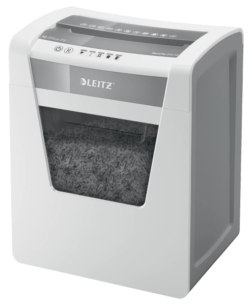 Leitz IQ Office P5 Destructora de Papel Micro Corte P-5 - Destruye hasta 10 Hojas - Capacidad de la Papelera 23L - 2 Horas de Funcionamiento Ininterrumpido - Color Blanco/Gris