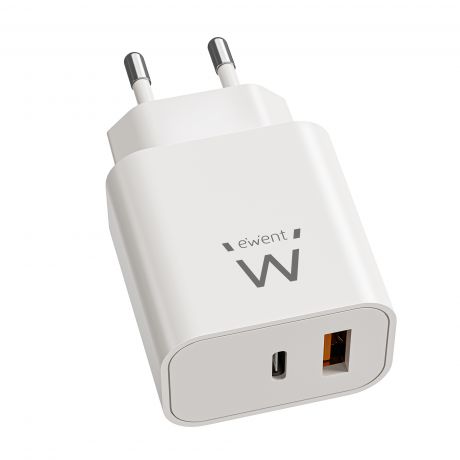 Ewent EW1318 Cargador GAN 20W - USB-C PD y USB-A QC - Carga Rapida - Alta Eficiencia - Diseño Compacto - Color Blanco